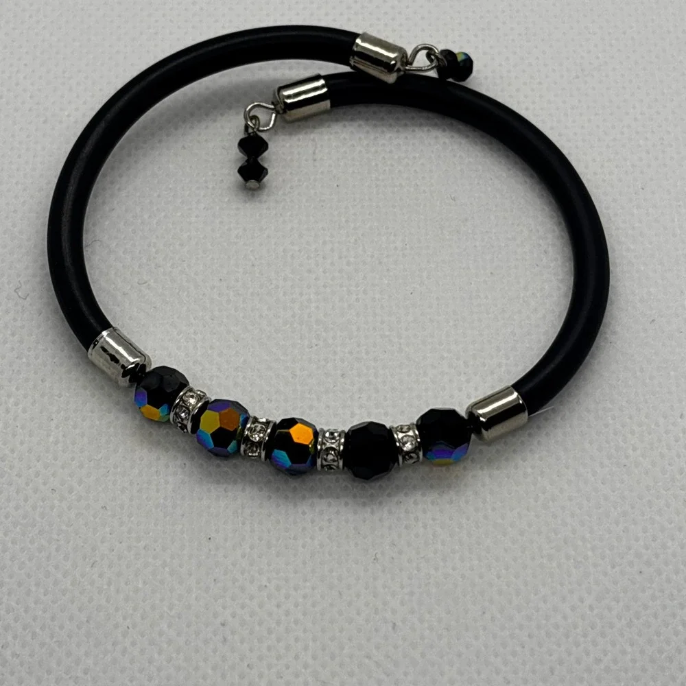 Black Cord Bracelet‎ AB Beads Silver Accents Bangle Fashion Jewelry